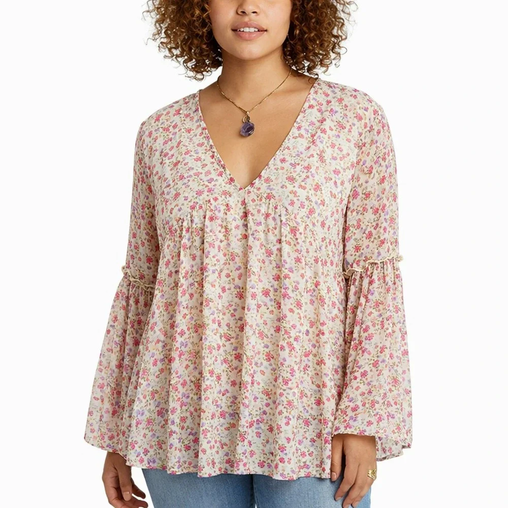 Pink Lily Floral Chiffon Babydoll Long‎ Bell Sleeve V Neck Top Womens L Boho